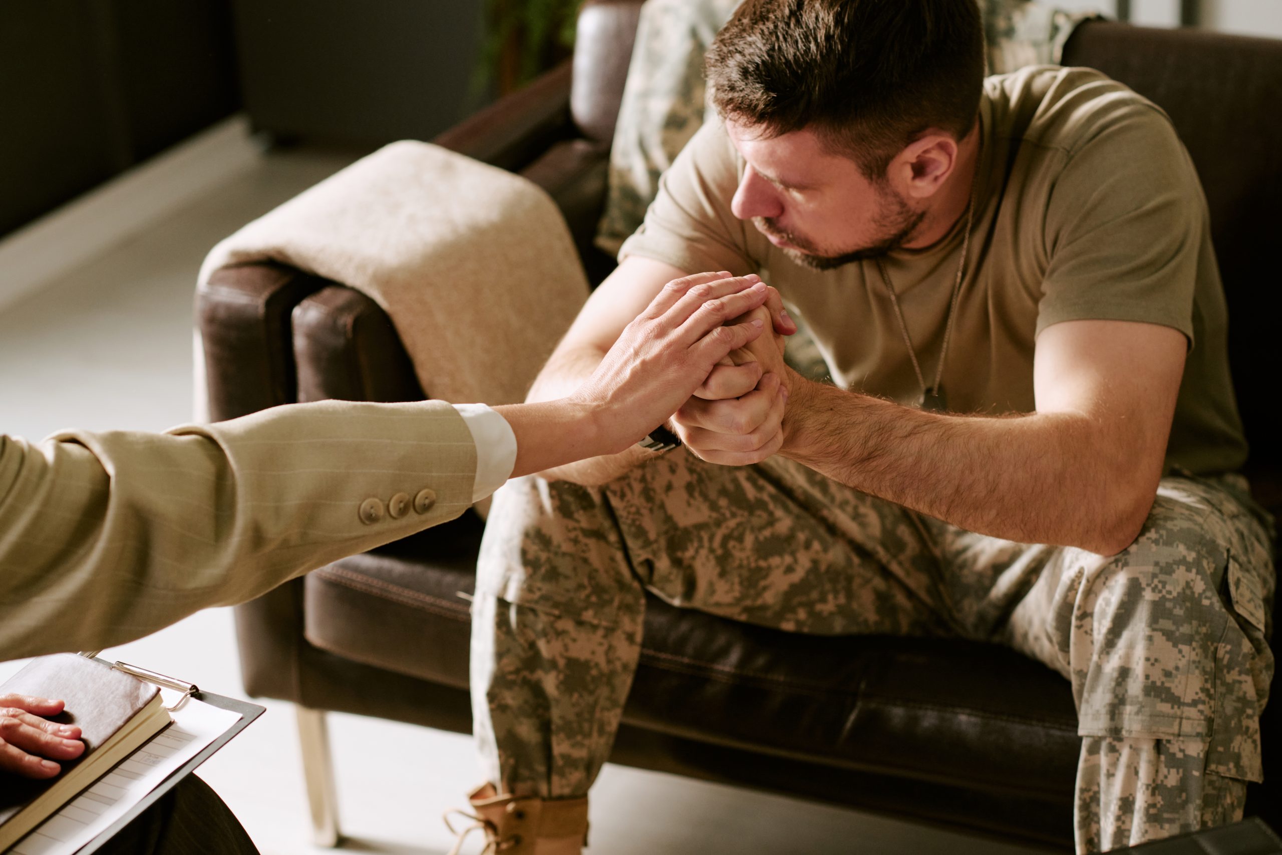Middle Aged Caucasian Man Receiving Support during Psychology Counseling Session Middle Aged Caucasian Man Receiving Support during Psychology Counseling Session