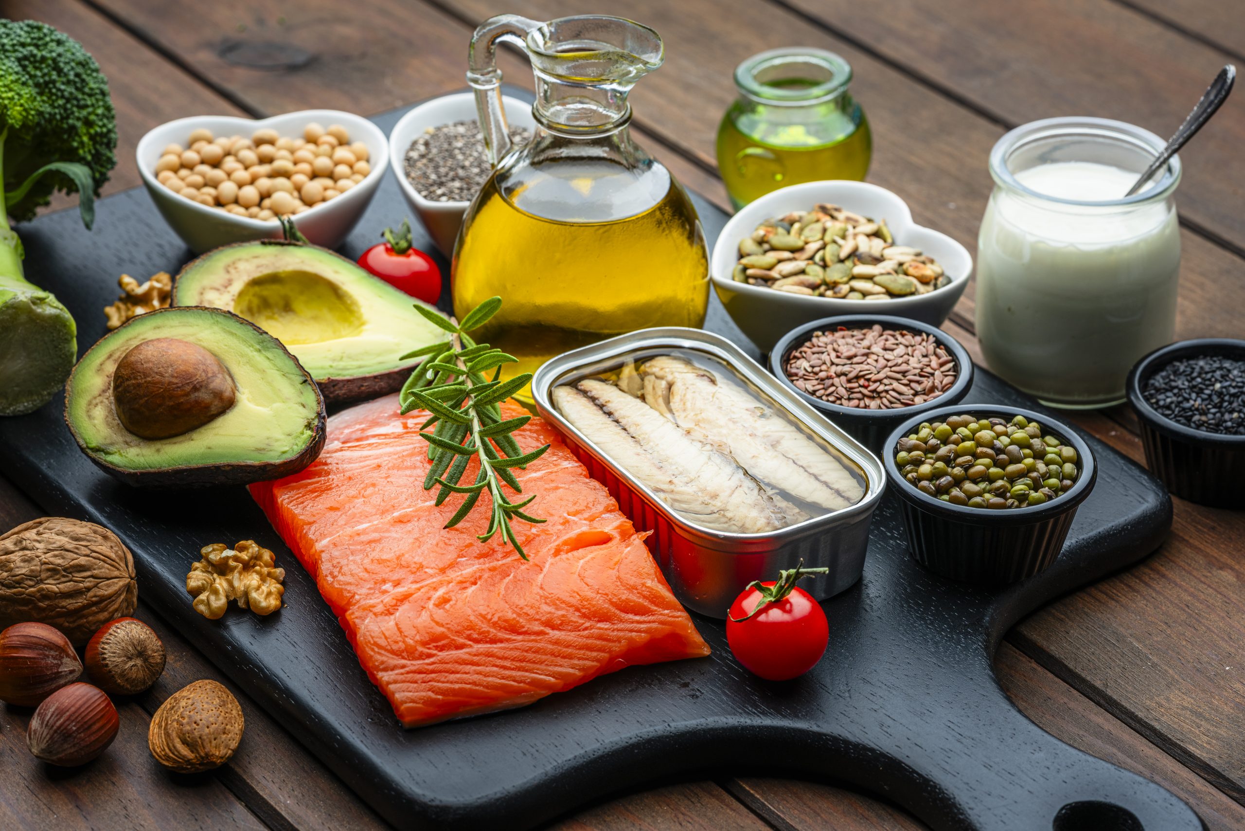Group of healthy ingredients high in unsaturated fatty acid and Omega-3. Food that improve cholesterol levels, lower blood pressure and reduce inflammation. Olive oil, avocado, salmon, sardine, chia seed, nuts Group of healthy ingredients high in unsaturated fatty acid and Omega-3. Food that improve cholesterol levels, lower blood pressure and reduce inflammation. Olive oil, avocado, salmon, sardine, chia seed, nuts